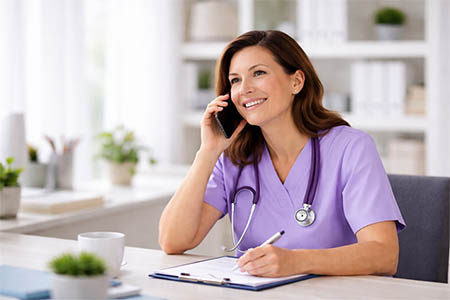 Care coordinator in medical scrubs smiling while talking on the phone at a desk.