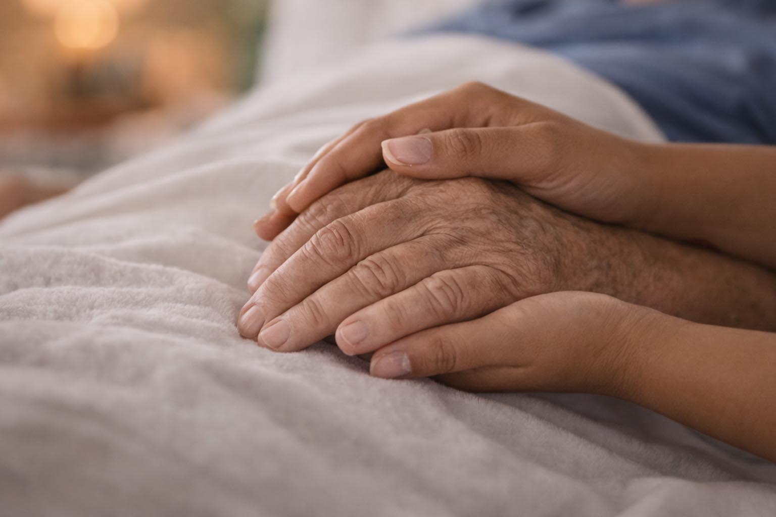 Nurse holding the hand of a senior citizen in bed as they are passing.