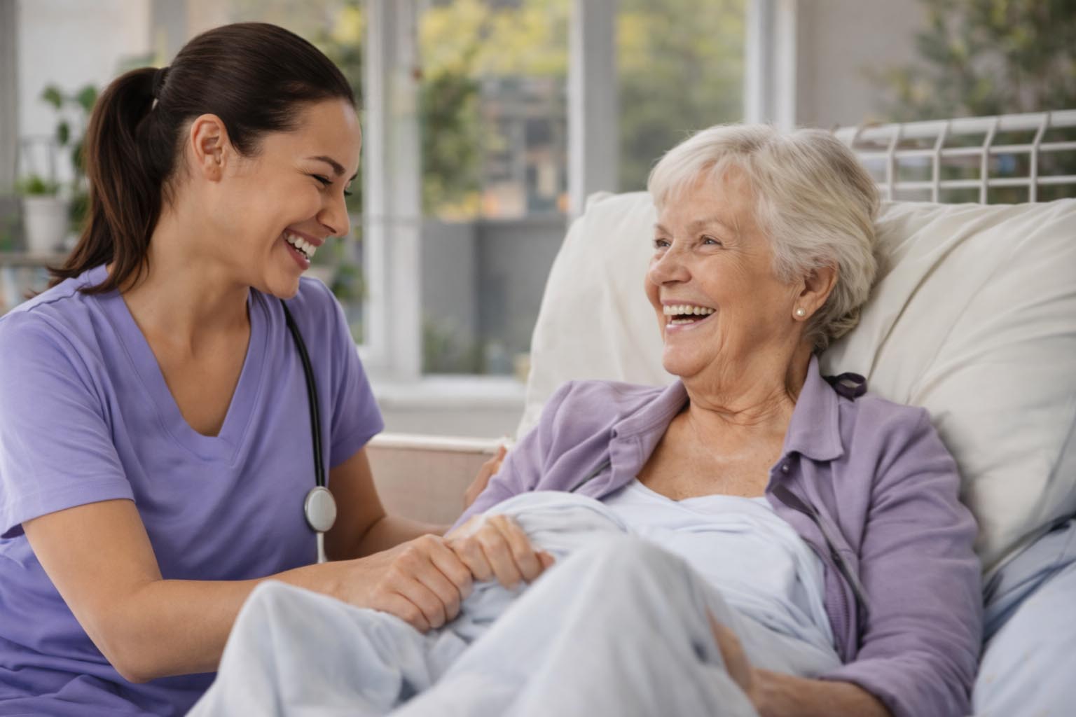 Female care giver with senior pateint in a facility.
