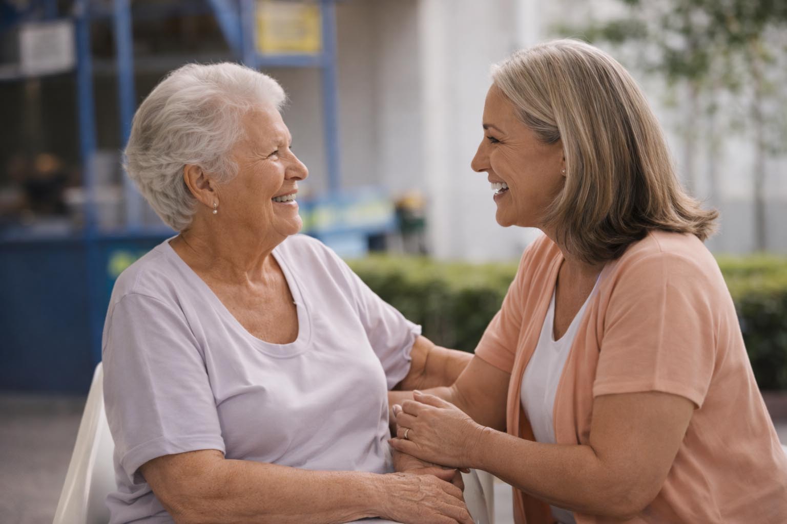Warm smiles between a middle aged woman and their senior citizen mother in the outdoor sun.