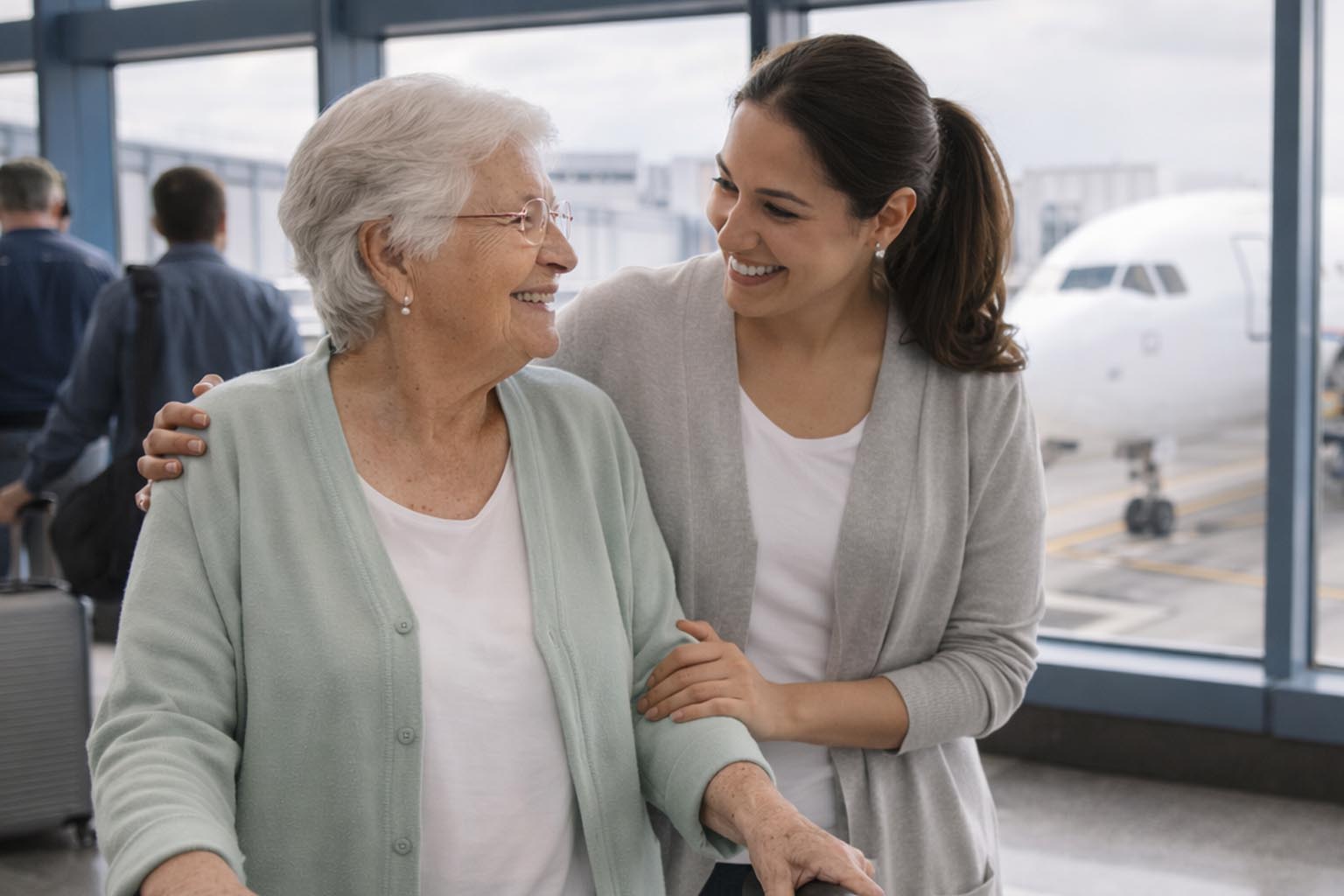 Care giver traveling with senior citizen patient.
